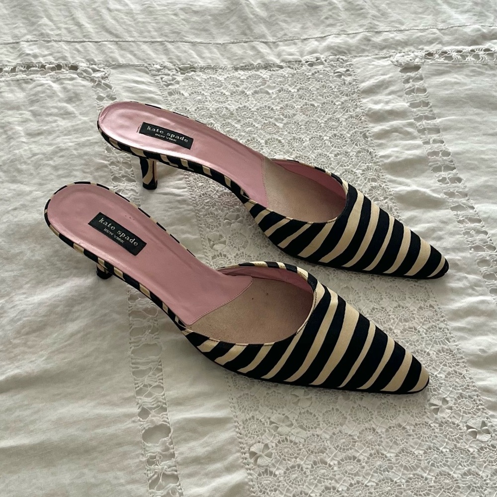 Kate Spade Black and Cream Striped Mules